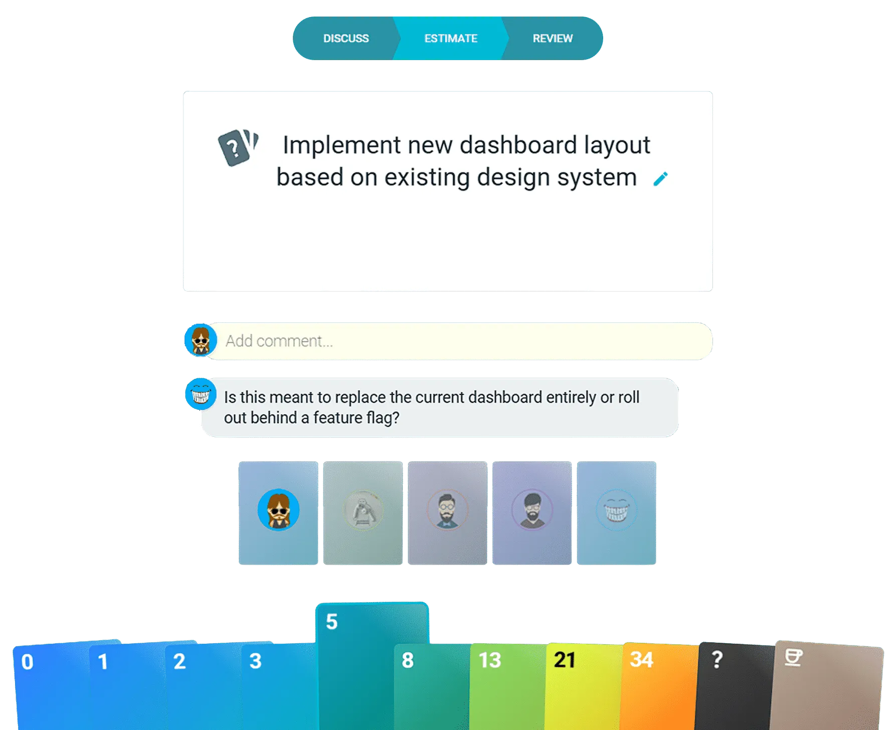 A TeamRetro agile estimation board where a team plays planning poker to estimate work items.