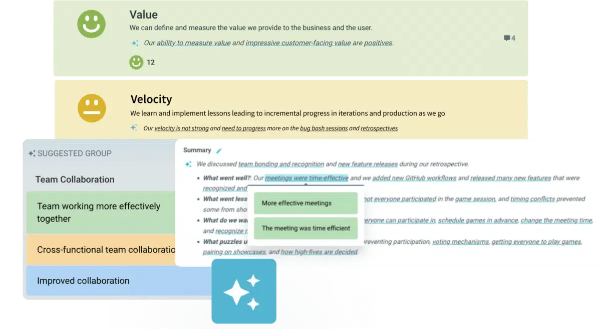TeamRetro AI grouping ideas into themes and generating a meeting summary in seconds.